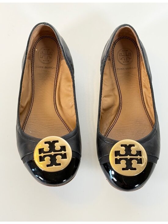 Tory Burch Shoes - Tory Burch Minnie Patent Leather Cap Toe Ballet Flats Black Gold TB Logo